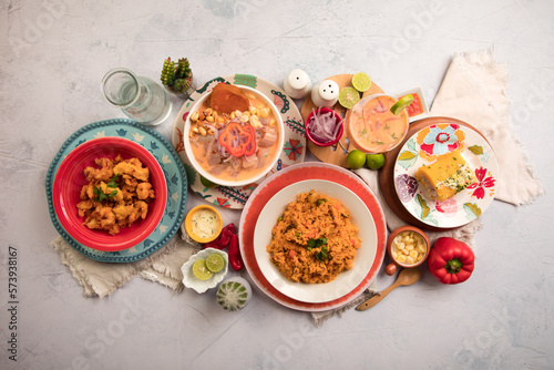 Sea food ceviche Assorted food plates Peru traditional comfort food buffet table