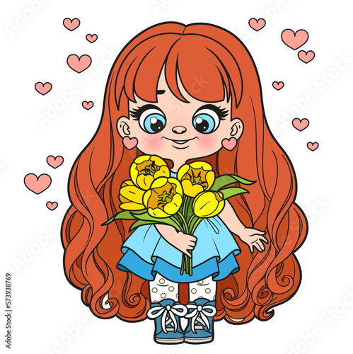 Cute cartoon long haired girl holds in hands a large spring bouquet of tulips color variation for coloring page on white background