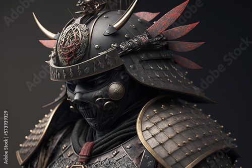 Gloomy samurai warrior with armor, black background. Generative AI