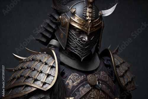 Gloomy samurai warrior with armor, black background. Generative AI photo