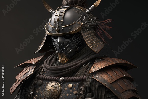 Gloomy samurai warrior with armor, black background. Generative AI