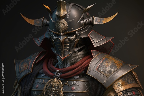 Gloomy samurai warrior with armor, black background. Generative AI