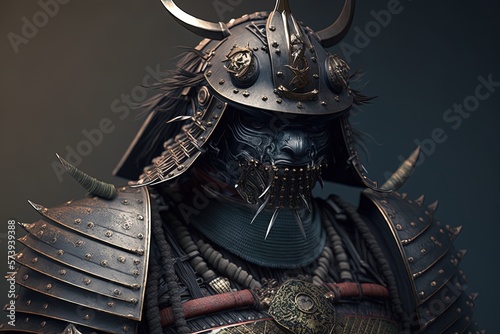 Gloomy samurai warrior with armor, black background. Generative AI photo