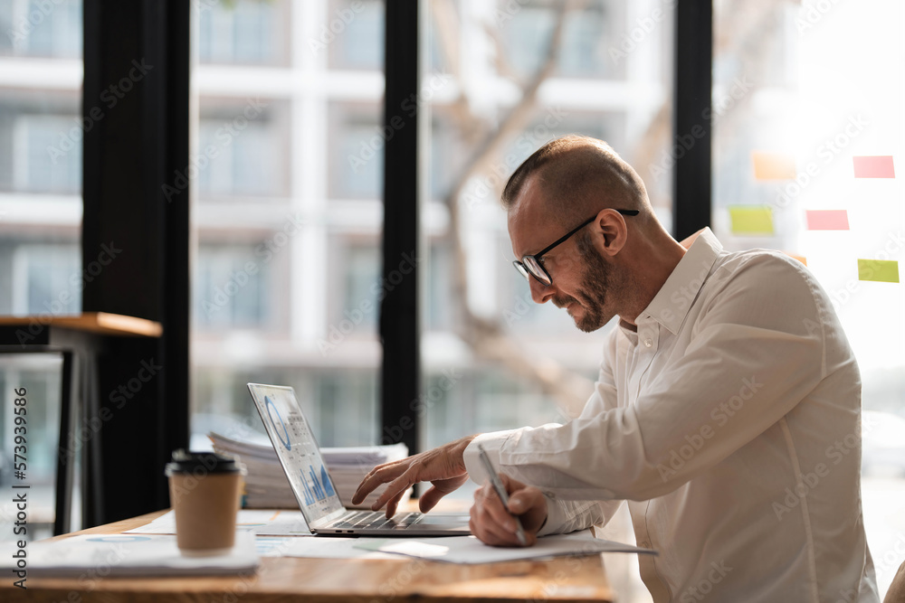 Businessman using laptop computer in office. Happy middle aged man, entrepreneur, small business owner working online. Businessman using laptop computer in office. Happy middle aged man, entrepreneur, small business owner working online.