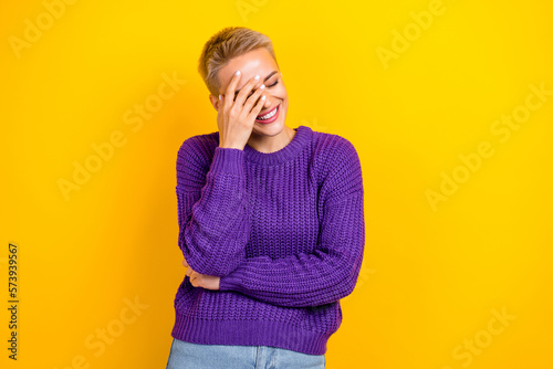 Slika na platnu Portrait of lovely positive funny woman with short hair violet sweater hesitate
