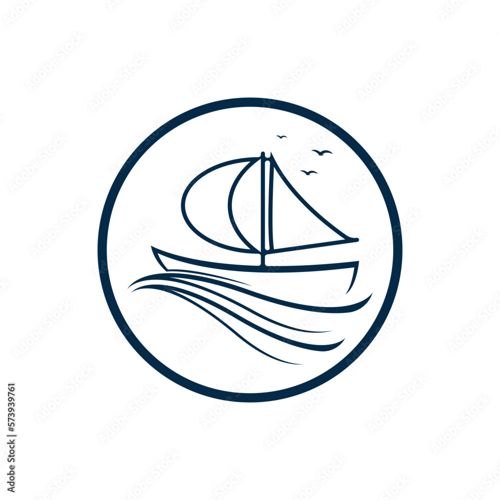 Sailboat boat on sea ocean wave with logo design Sailboat boat on sea ocean wave with logo design