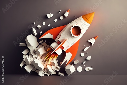 Rocket made from paper cutout, startup concept, white background. Generative AI 