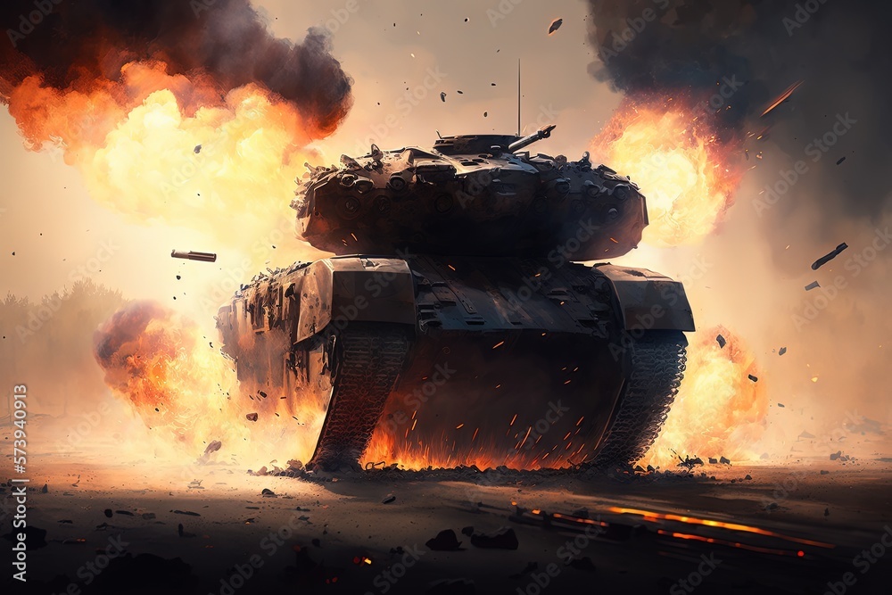 Landscape with war tank and explosion, war concept. Generative AI