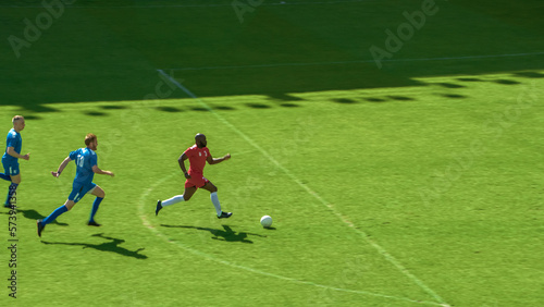 Soccer Football Match Event on a Major World Championship: Black Forward Attacks, Playing Pass, Dribbling. International Tournament Cup. Live Sport Channel Broadcast Television Concept.