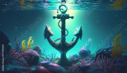 Computer generated 3D illustration of an anchor under the sea water. Generative Ai.