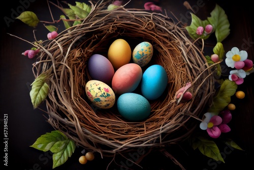 colorful easter nest with easter eggs. Generative AI