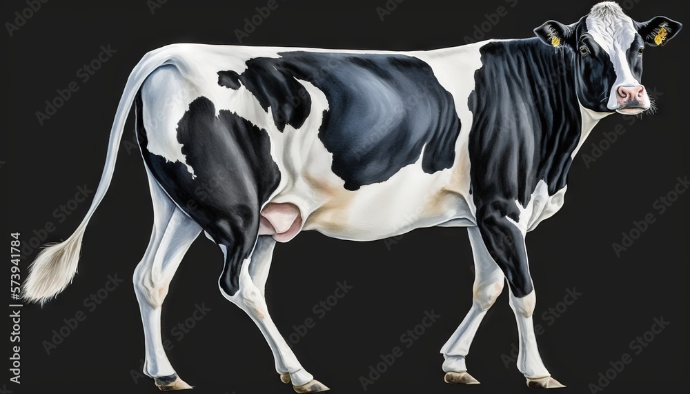 a black and white cow standing on a black background with yellow eyes. generative ai a black and white cow standing on a black background with yellow eyes. generative ai