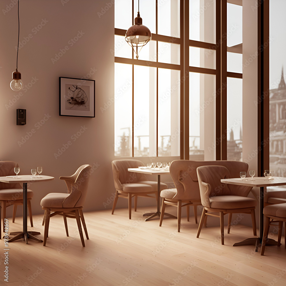 Fototapeta premium Illustration of a fancy modern coffee shop in the morning. Equipped with luxurious furniture and decorations. Has a large window to provide a comfortable view to customers.