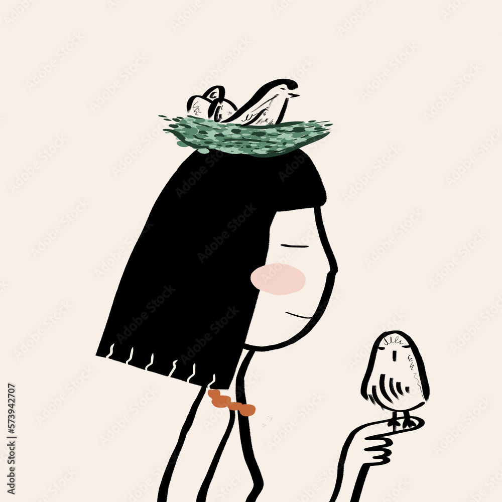 Vector illustration of naked woman with bird nest on head Stock