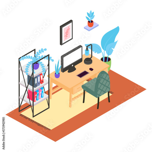 psychoanalyst office isometric concept,  bioinspired interior decor vector color icon design, Green Office symbol, Eco Friendly Workspace sign, Modern furnishing element stock illustration 