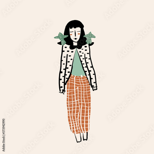 Vector illustration of woman with birds on head photo