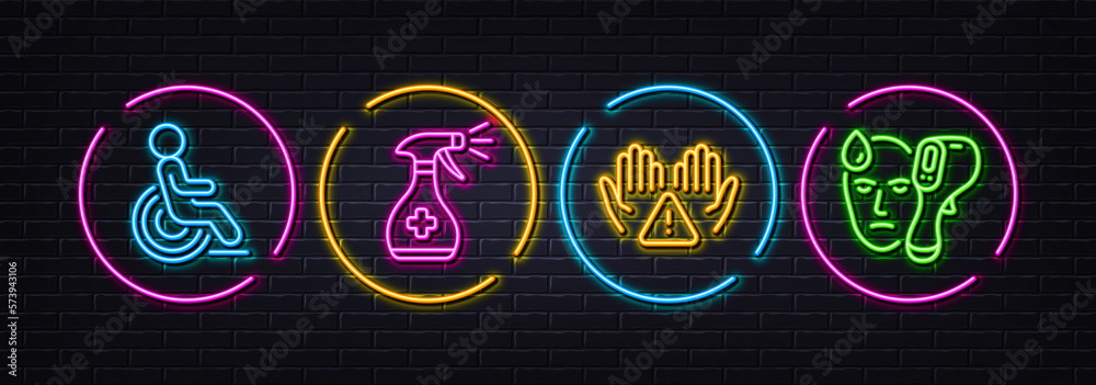 Disability, Medical cleaning and Clean hands minimal line icons. Neon laser 3d lights. Electronic thermometer icons. For web, application, printing. Vector
