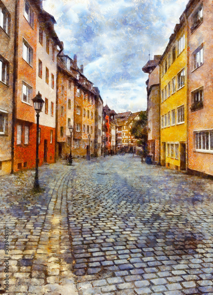 Picturesque town street with colorful medieval buildings in Nuremberg, Bavaria, Germany. Digital imitation of oil painting.