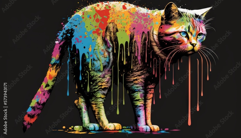  a multicolored cat standing in front of a black background.  generative ai