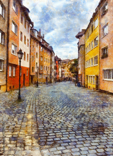 Picturesque town street with colorful medieval buildings in Nuremberg  Bavaria  Germany. Digital imitation of oil painting.