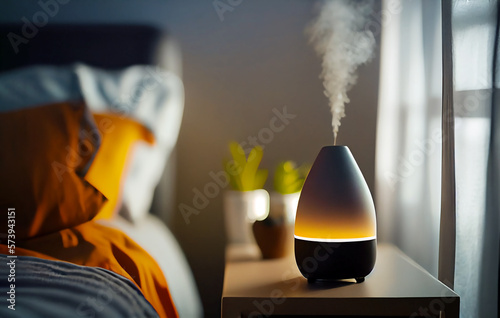 Aroma oil diffuser on table against in minimalist bedroom interior background. Generative AI. photo