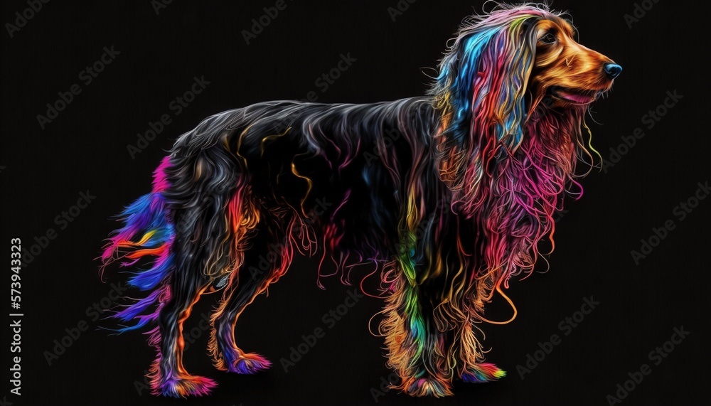  a dog with multicolored hair standing on a black background.  generative ai