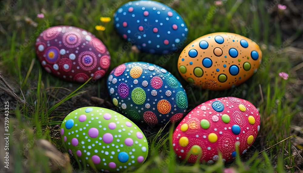 Colourful dotted easter eggs lying in gras created using generative AI tools