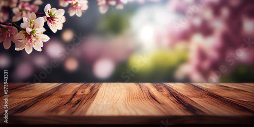 Fotobehang Empty wooden table top product display showcase stage with spring cherry blossom background