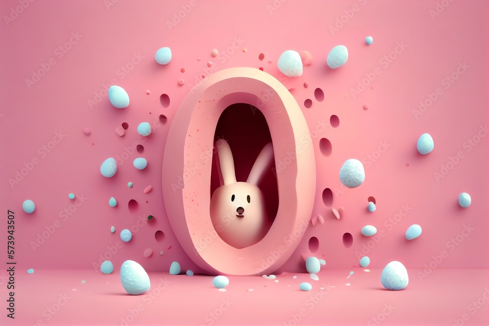 Easter bunny peeps out of the hole on pastel pink background. 3d rendering. Generative AI