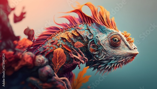 a close up of a colorful fish with leaves on it.  generative ai