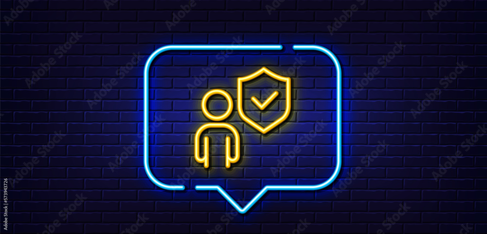 Neon light speech bubble. Security shield line icon. Body guard sign. Private protection symbol. Neon light background. Security glow line. Brick wall banner. Vector Neon light speech bubble. Security shield line icon. Body guard sign. Private protection symbol. Neon light background. Security glow line. Brick wall banner. Vector