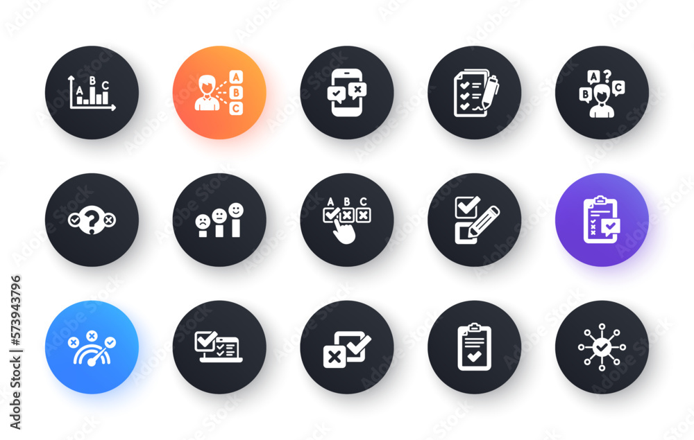 Survey or Report icons. Opinion, Customer satisfaction and Feedback results. Testing classic icon set. Circle web buttons. Vector