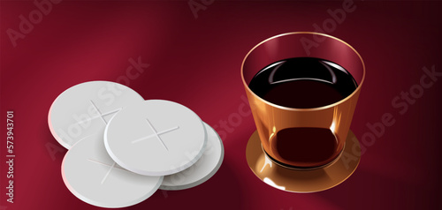 Sacramental bread and wine During the Eucharist, Holy Communion in the church on Sunday.