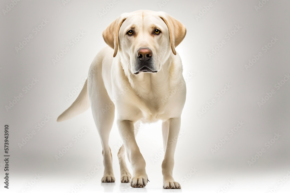 Cookie Labrador walks straight to the camera. A pet moving on a white background. Advertising illustration. Studio light. Template banner. Generative AI. Cookie Labrador walks straight to the camera. A pet moving on a white background. Advertising illustration. Studio light. Template banner. Generative AI.