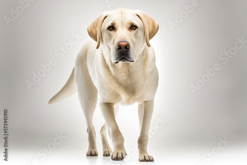 Cookie Labrador walks straight to the camera. A pet moving on a white background. Advertising illustration. Studio light. Template banner. Generative AI.