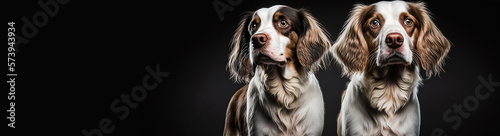 Portrait of two dogs looking at the camera. Animals on a dark black background. Advertising illustration with plenty of free space to show additional content. Copy space banner. Generative AI.