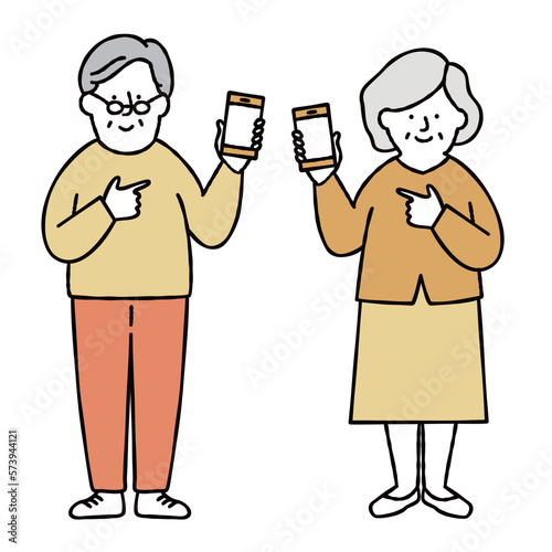 スマホを操作する男性と女性のシニアのイラストセット素材　おじいちゃん　おばあちゃん　イエロー