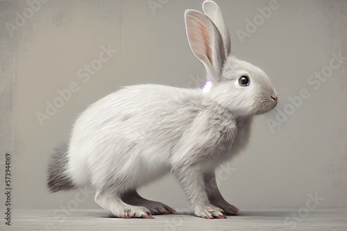 lapin gris debout sur ses pattes arriÃ¨res et qui dit bonjour fond white. Generative AI photo