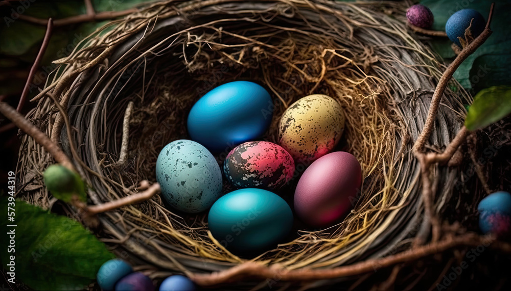Nest of colourful easter eggs created using generative AI tools Nest of colourful easter eggs created using generative AI tools