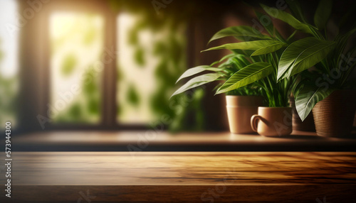 Closeup of a wooden empty table top. Blurry window  illuminated by sun rays. Green plants. Blur indoor green foreground  panoramic banner mockup for display of product  warm tone lights. Generative AI