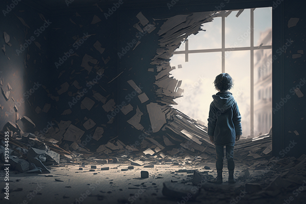 the scale and magnitude of destruction caused by war, with a child in the foreground looking at the destruction in the background. Generative AI