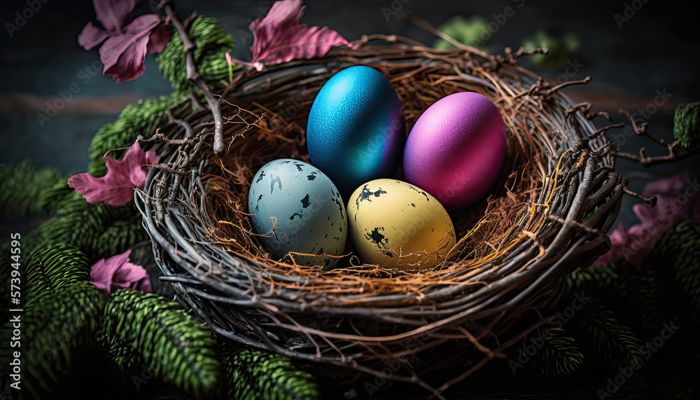 Nest of colourful easter eggs created using generative AI tools