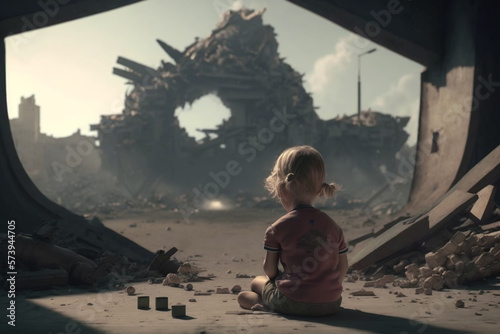 the scale and magnitude of destruction caused by war, with a child in the foreground looking at the destruction in the background. Generative AI photo