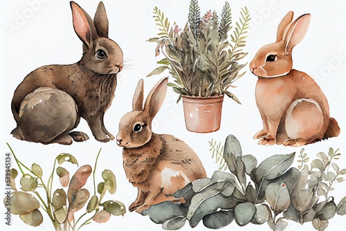 Watercolor cute rabbits. plants. Generative AI