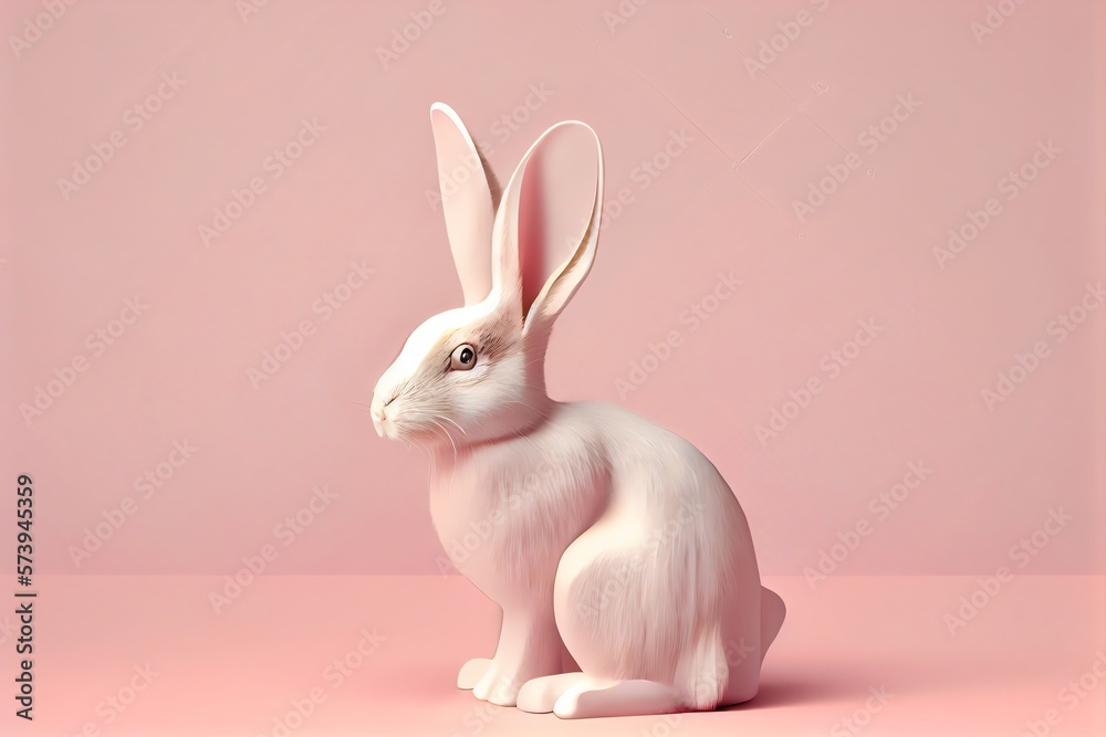 Obraz premium White rabbit ear on pastel pink background. Easter day. 3d rendering. Generative AI