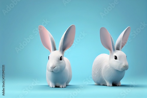 White rabbit ear on pastel blue background. Easter day. 3d rendering. Generative AI