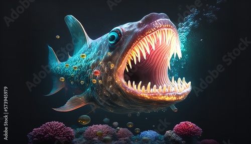 Sea monster, Imaginary underwater creature with a mouth full of teeth, Generative Ai.