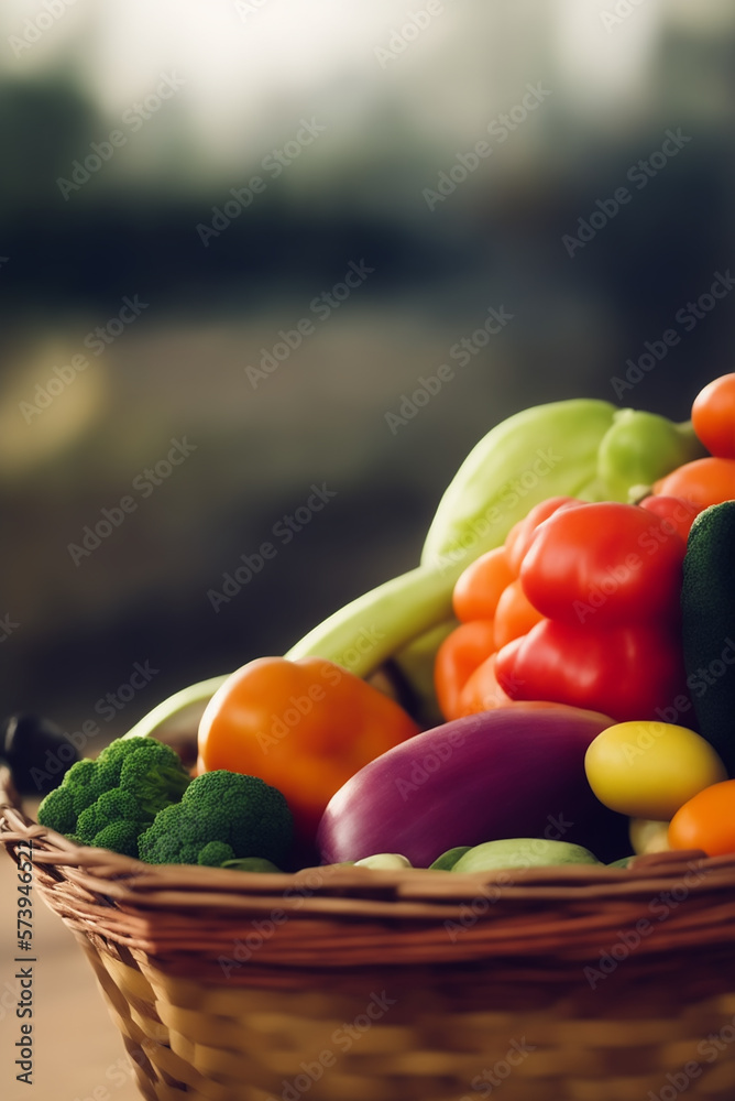 Basket full of vegetables. Created with generative AI. Basket full of vegetables. Created with generative AI.