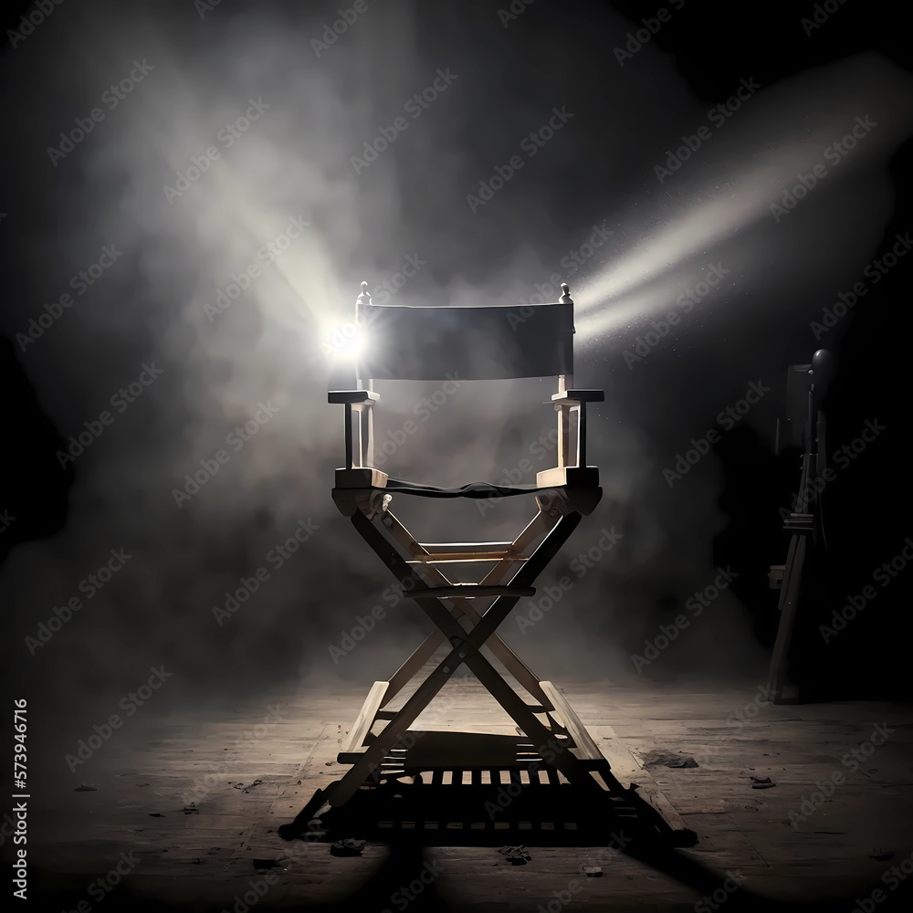 The director's chair stands in a beam of light with an backlight. Free chair. Concept of selection and casting. Shadow and light. - obrazy, fototapety, plakaty 