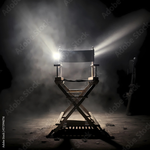 Leinwand Poster The director's chair stands in a beam of light with an backlight
